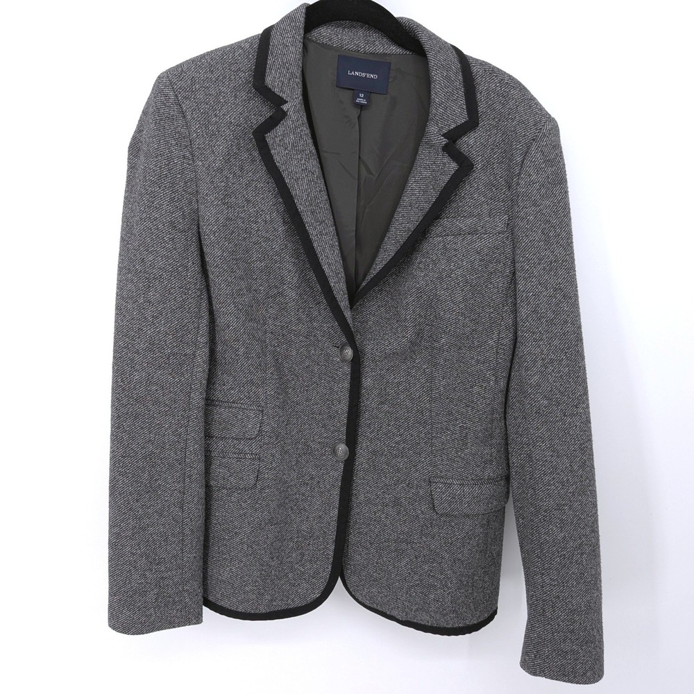 Lands End Blazer Women 12 Gray Black Cotton Academic Preppy Professional Office
